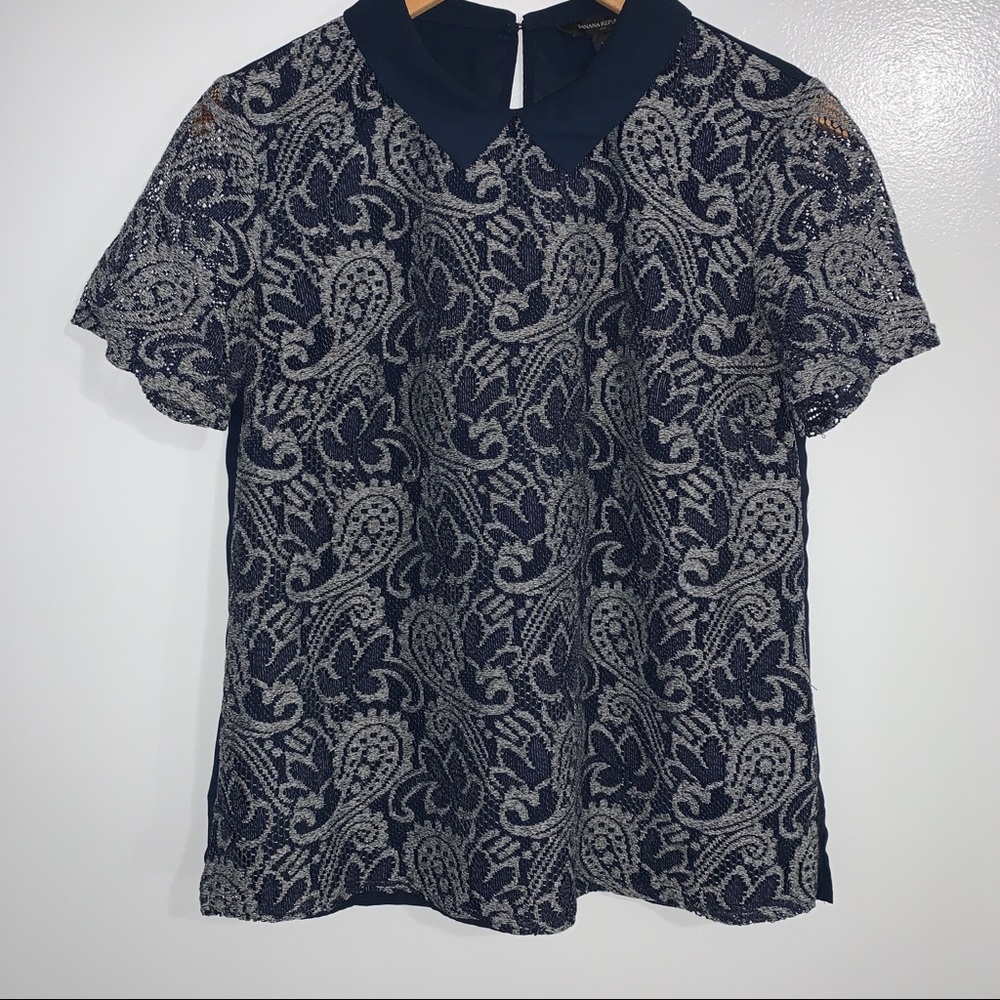 Banana Republic Navy Lace Collared Blouse SZ M